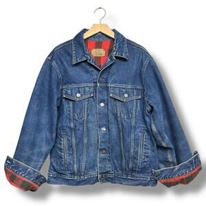 Vtg Plain Pockets Trucker Jacket Buffalo Plaid Lined Denim Cotton Sz 44 Tall USA